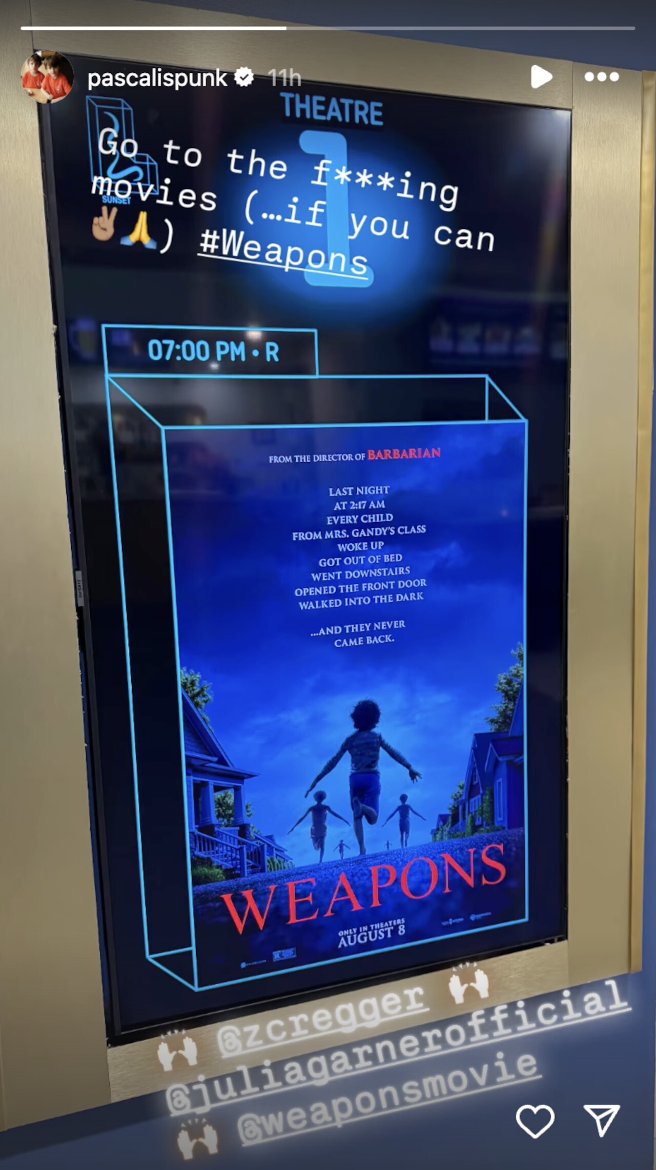 Pedro Pascal's Instagram stories where he shares his celebration of the release of Weapons.