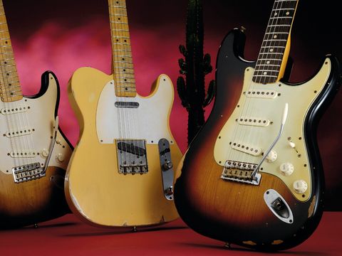 The '60s Strat (right) alongside its '50s Strat and Tele siblings