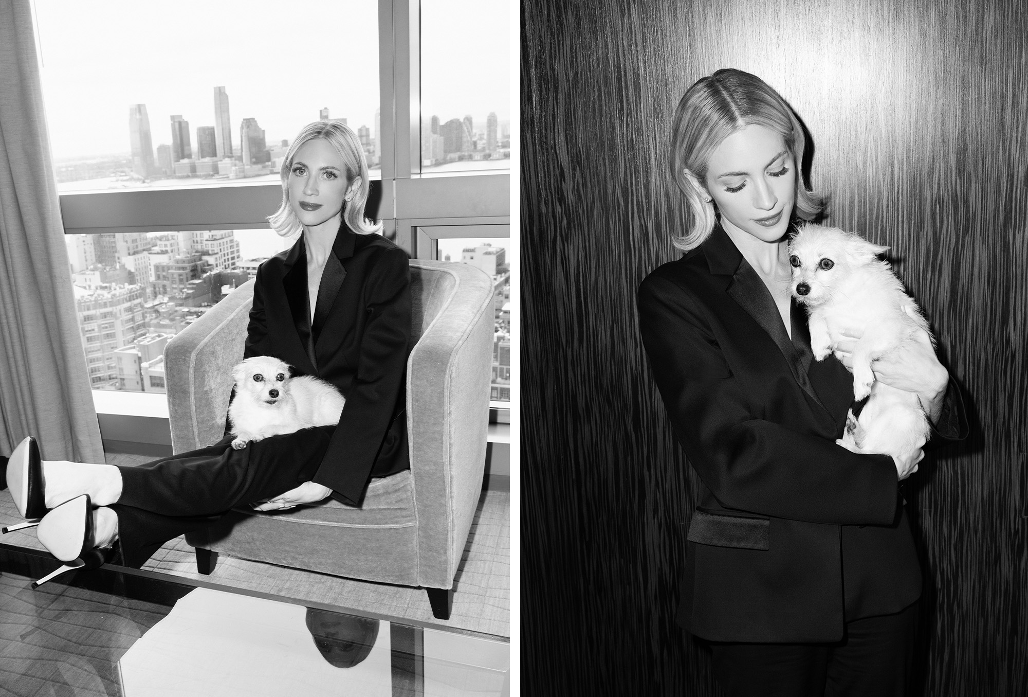 Brittany Snow poses forBest Knockoff Luxury Clothing
&#039;s Portrait Sessions series in an archive black Jil Sander suit with Fiametta jewelry.