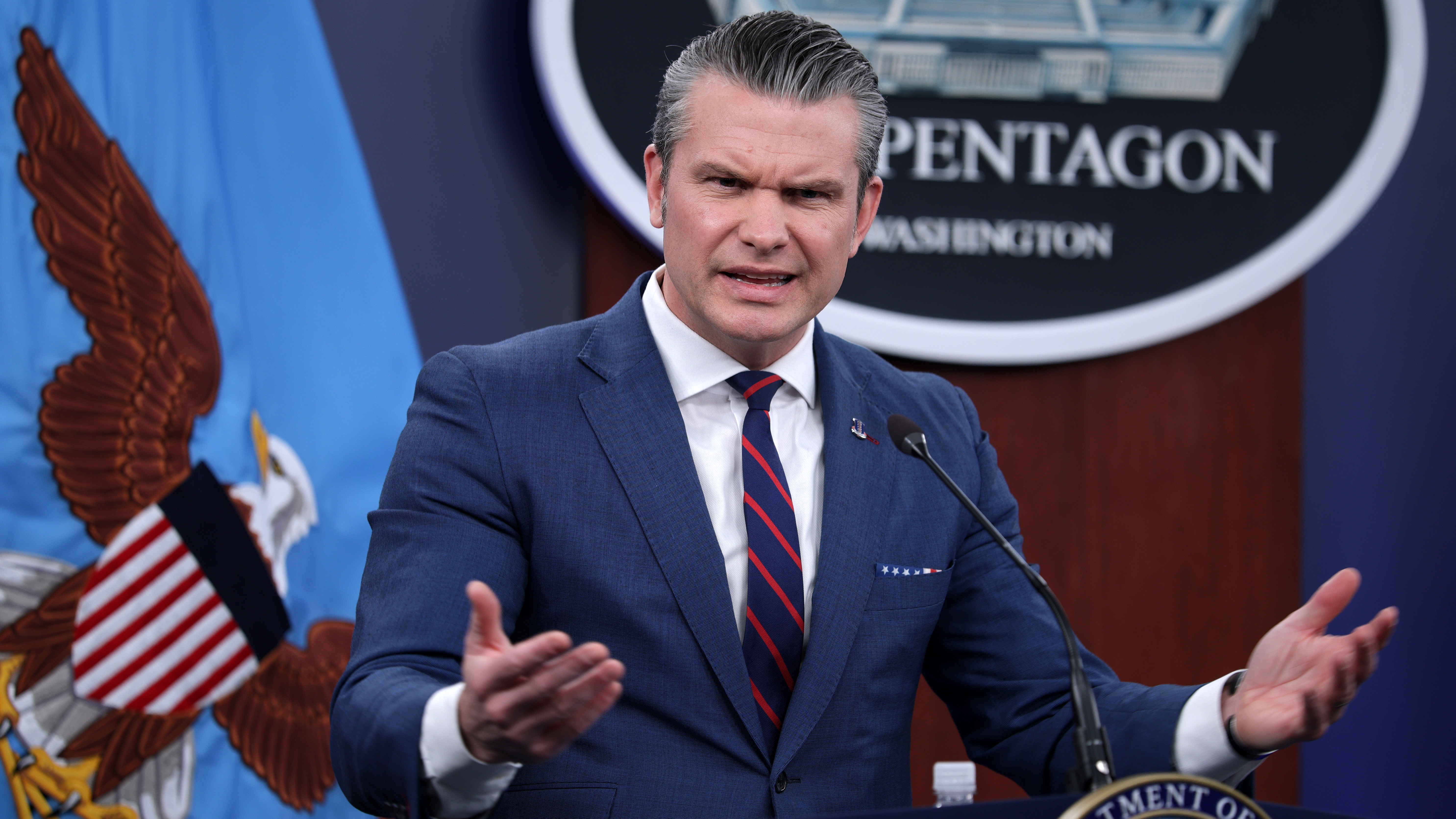 U.S. Secretary of War Pete Hegseth speaks during a news conference at the Pentagon on March 2, 2026 in Arlington, Virginia. Secretary Hegseth and Chairman of the Joint Chiefs of Staff General Dan Caine held the news conference to give an update on Operation Epic Fury. (Photo by Alex Wong/Getty Images)
