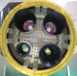 The entrance of the CIBER optics, showing two near-infrared wide-field cameras (top), an absolute spectrometer (lower left) and a Fraunhofer line spectrometer (lower right).