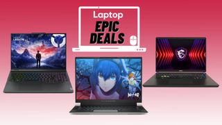 Lenovo Legion Pro 5i, Alienware x16 R2, and MSI Vector 16 HX AI gaming laptops against red gradient background with epic deals badge.