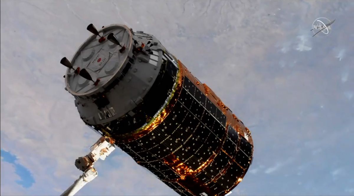 The Japan Aerospace Exploration Agency&#039;s HTV-8 cargo ship is captured by a robotic arm at the International Space Station on Sept. 28, 2019 to deliver more than 4 tons of supplies to the orbiting laboratory. 