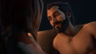 Lucanis lays on Rook's lap in the Lighthouse without a shirt on