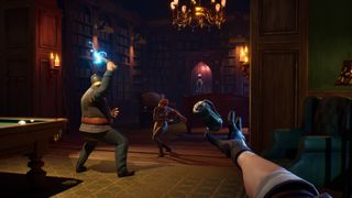 A Thick as Thieves screenshot showing someone throwing a flashbang between a guard and a thief who are fighting