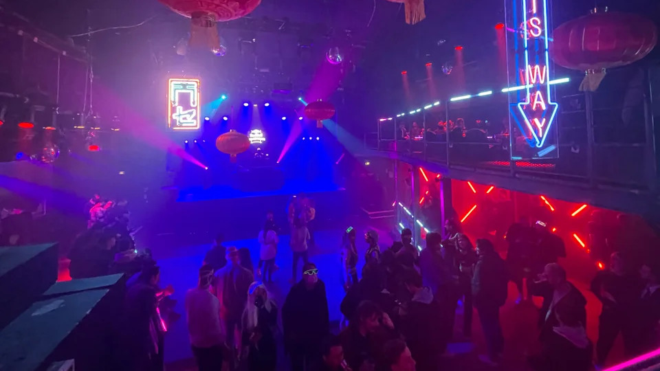 A nightclub redecorated to look like Cyberpunk 2077