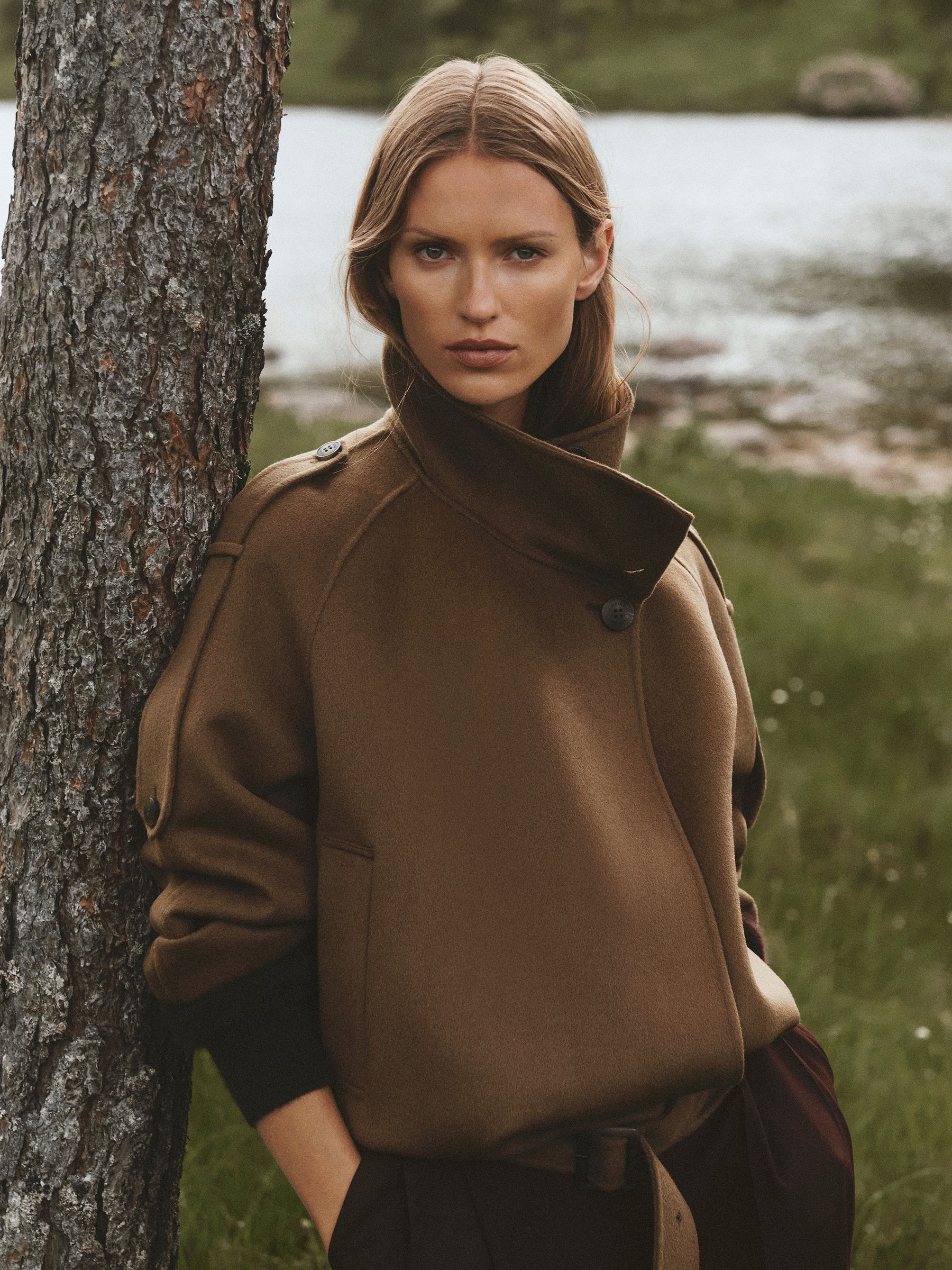 Wool-Blend Funnel-Neck Blindseam Coat in Khaki Green - Size 4