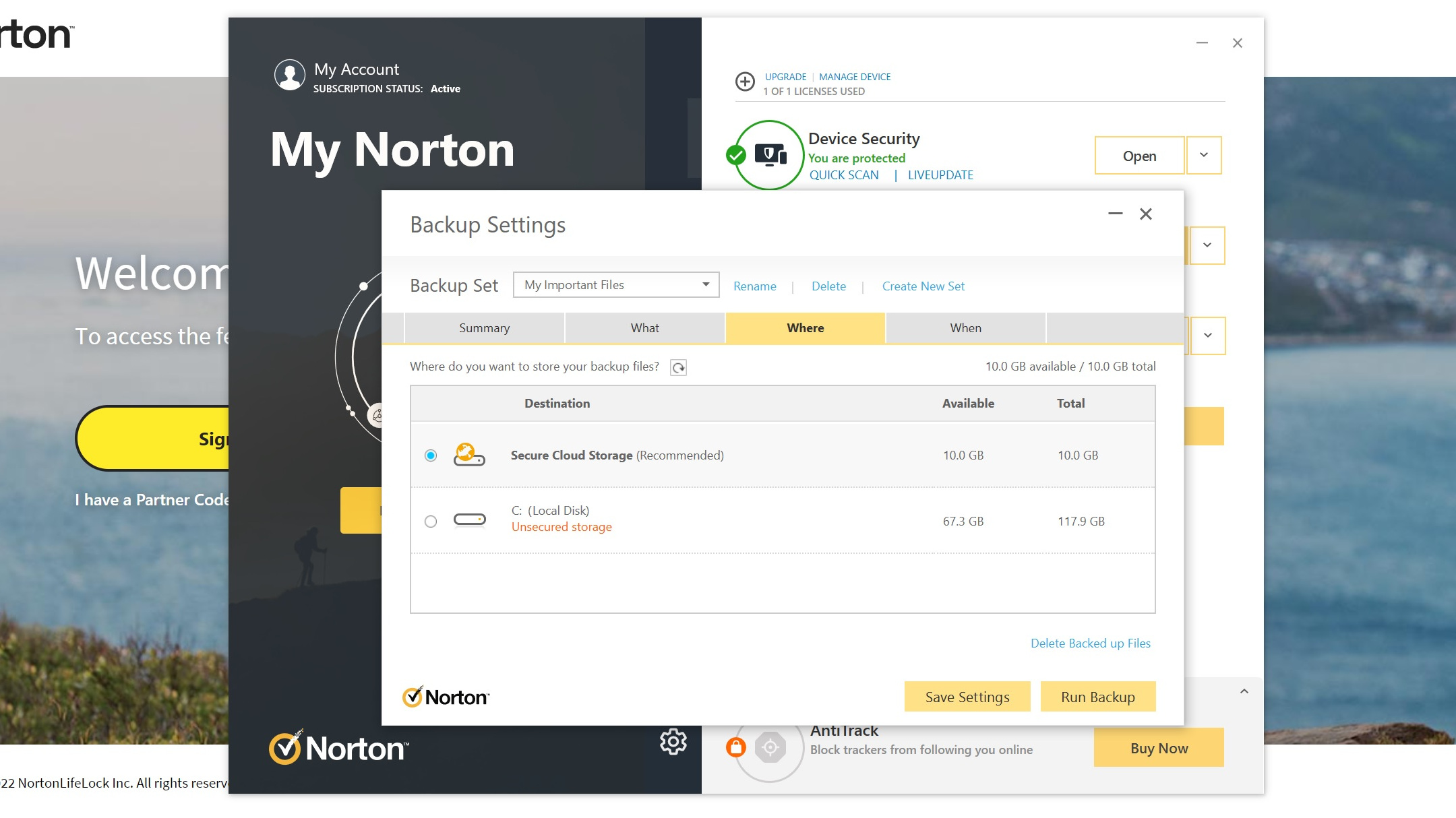 Cara menggunakan Norton Cloud Backup: Pilih lokasi cadangan