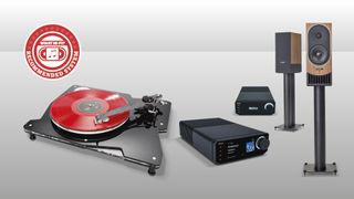 Vertere DG-X turntable, Cyrus 40 ST and AMP, PMC Prophecy 1 speakers against grey background