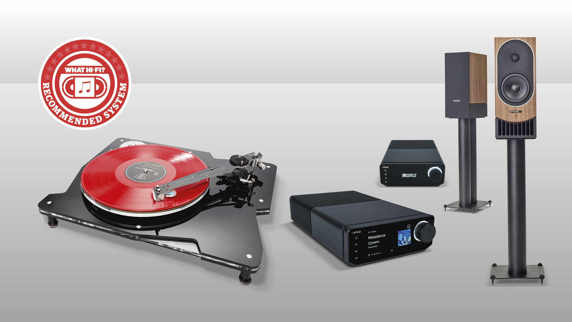 Vertere DG-X turntable, Cyrus 40 ST and AMP, PMC Prophecy 1 speakers against grey background