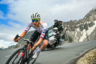 Tadej Pogacar descents the Galibier