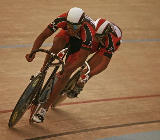Trinidad and Tabago's men's team sprint squad in full flight