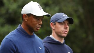 Tiger Woods and Rory McIlroy during a Masters practice round at Augusta National