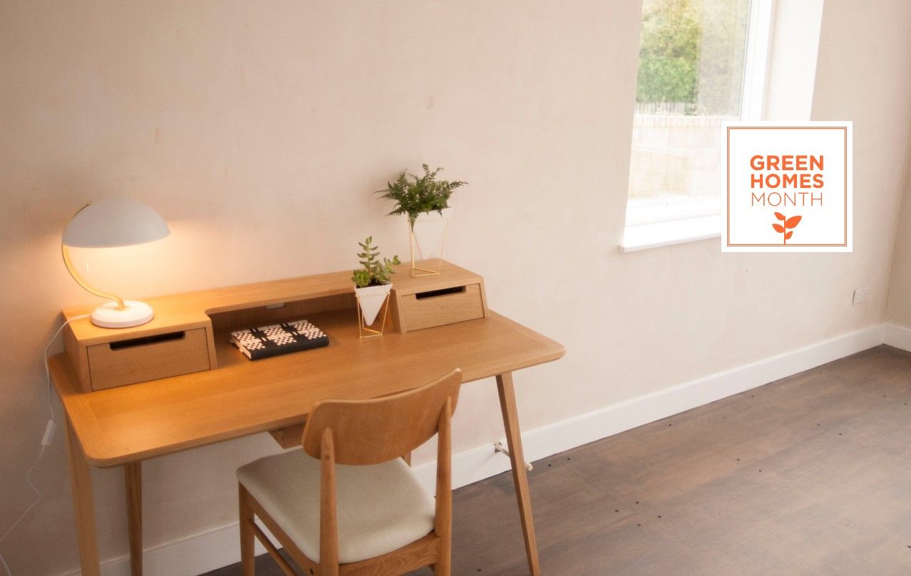 lime plaster room with midcentury desk