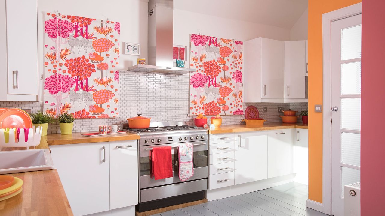 kitchen with white cabinets and wooden countertop