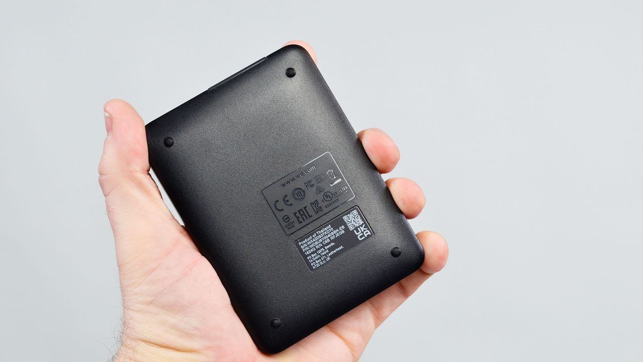 A msculine hand holding a WD Elements external hard drive