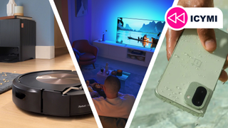 A Roomba next to a TV and a OnePlus phone