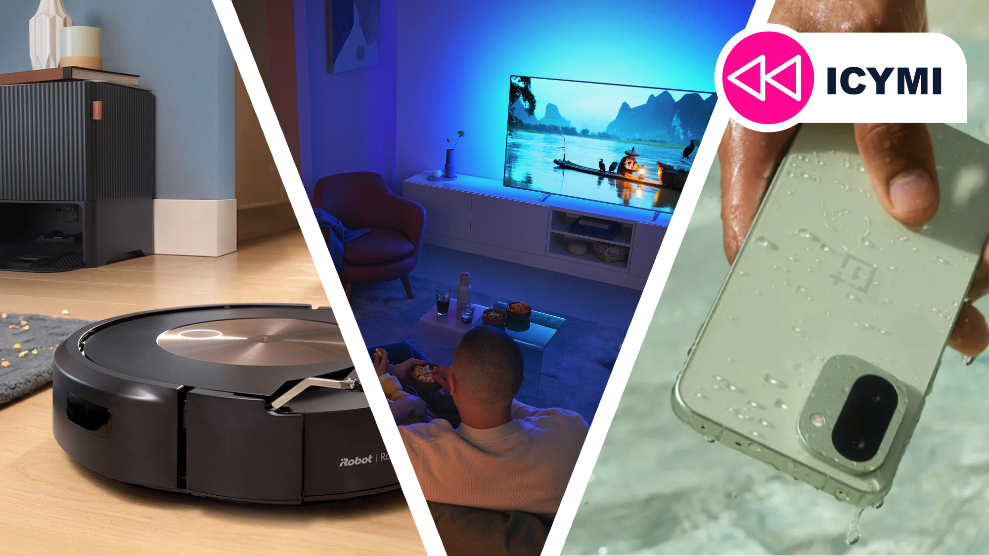 A Roomba next to a TV and a OnePlus phone