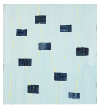 The abstract painting is done in a light blue background with dark blue rectangles connected with yellow lines.