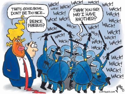 Political cartoon U.S. Trump Chief of Staff Reince Priebus police beating