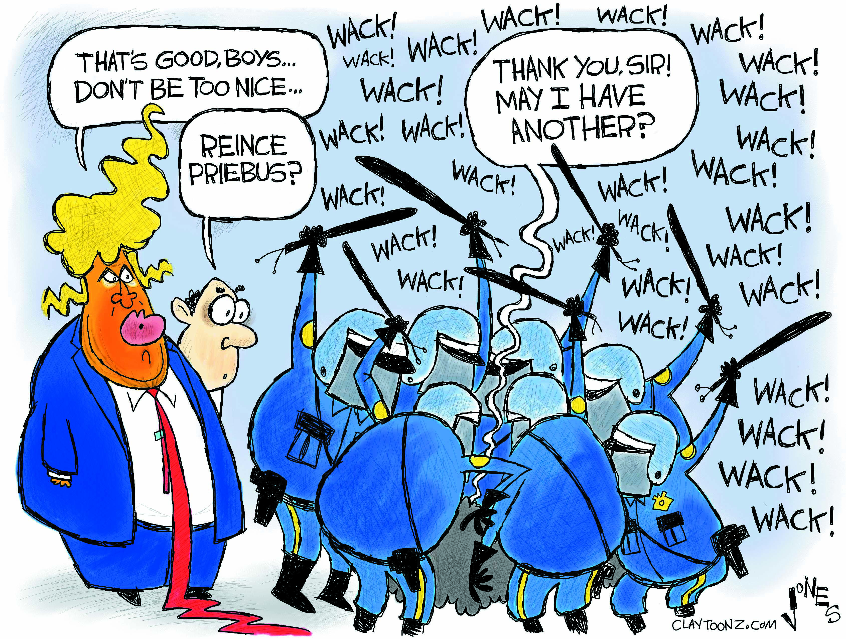 Political cartoon U.S. Trump Chief of Staff Reince Priebus police beating