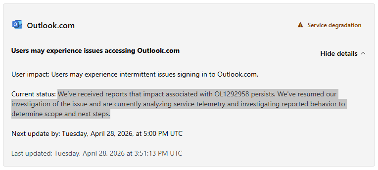 Microsoft Outlook outage 4-28-26