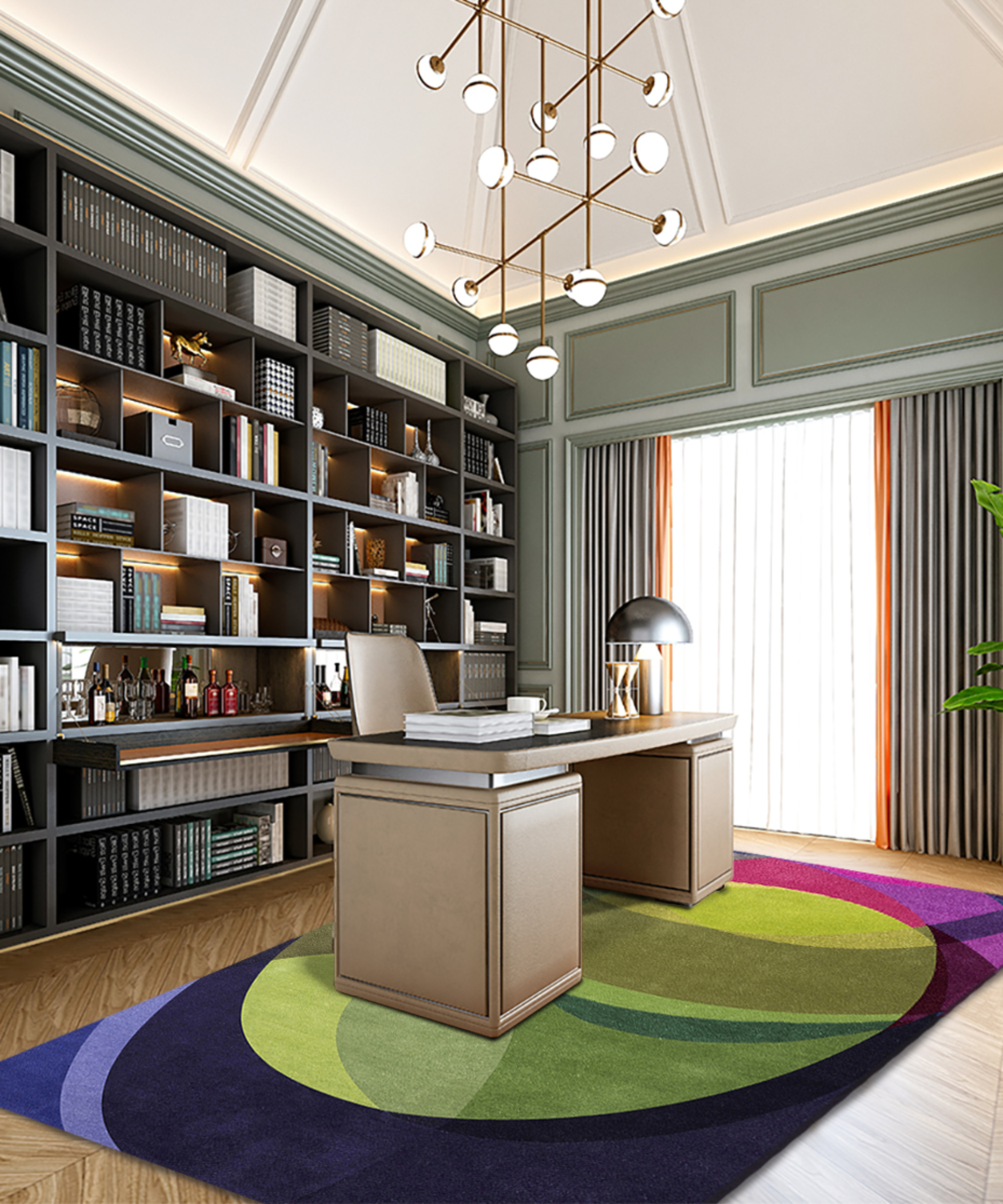 home office with built in storage shelving with lights in cubby holes, large metal and glass pendant and desk lamp on desk