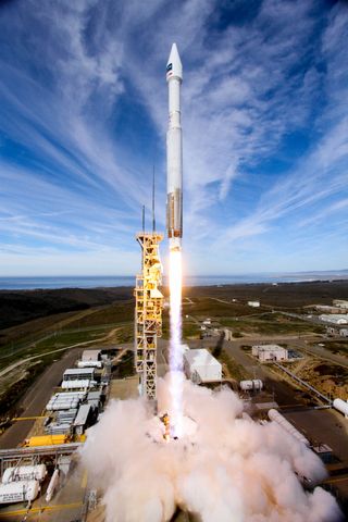 A United Launch Alliance Atlas V rocket carrying the WorldView-4 Earth observation satellite for DigitalGlobe launches into space from California's Vandenberg Air Force Station on Nov. 11, 2016.