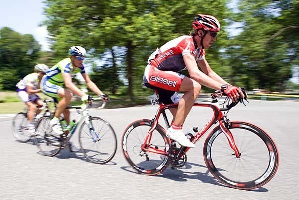 Tom Zirbel (Bissell) leads his breakaway companions Daniel Oss (Liquigas) and Valeriy Kobzarenko (Team Type 1).