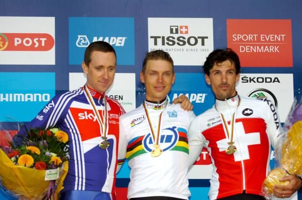 The liete men podium: Bradley Wiggins, Tiony Martin and Fabian Cancellara