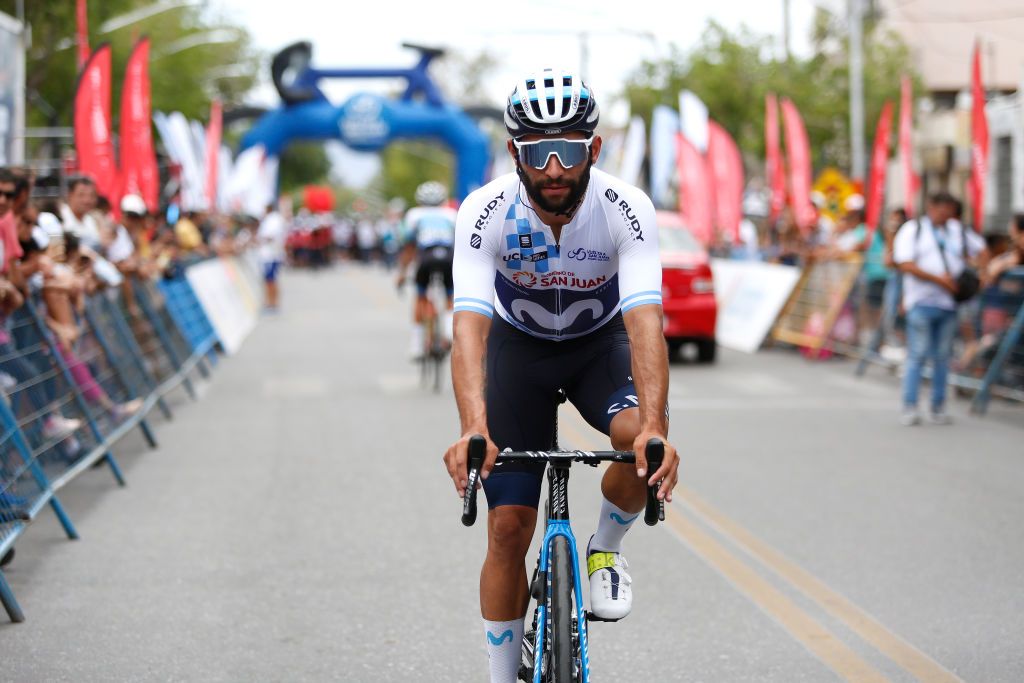 CHIMBAS ARGENTINA JANUARY 27 Fernando Gaviria of Colombia and Movistar Team White Leader Jersey prior to the 39th Vuelta a San Juan International 2023 Stage 5 a 1733km stage from Chimbas to Alto Colorado 2623m VueltaSJ2023 on January 27 2023 in Chimbas Argentina Photo by Maximiliano BlancoGetty Images