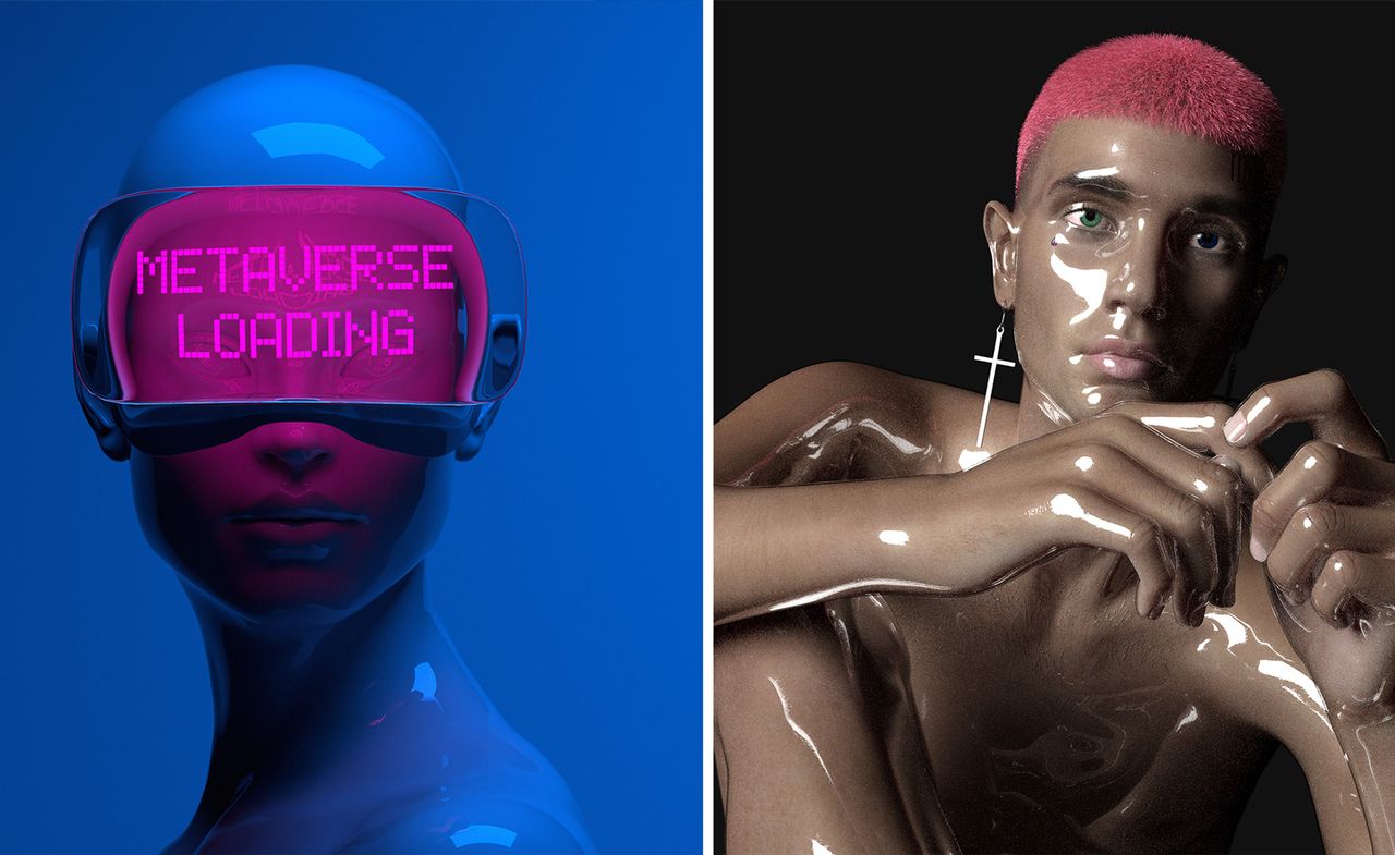 Images from Metaverse Dream: Left, an avatar wearing goggles. Right, Artwork by Allan Gregorio featuring the CGI model ‘Loverboy&#039;