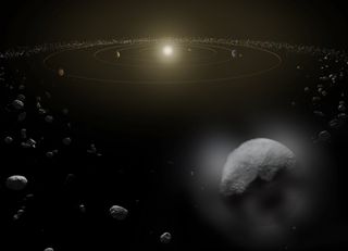 An artist's impression of the dwarf planet Ceres, which appears to have a water vapor atmosphere from outgassing on the object. Inset: The water absorption signal detected by the European Space Agency's Herschel space observatory on Oct. 11, 2012. Image released Jan. 22, 2014.