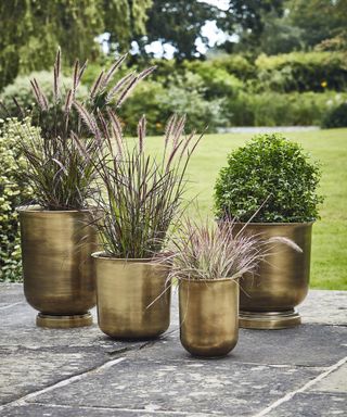 Antique Brass Urn Planter on a stone patio with a lawn in the background