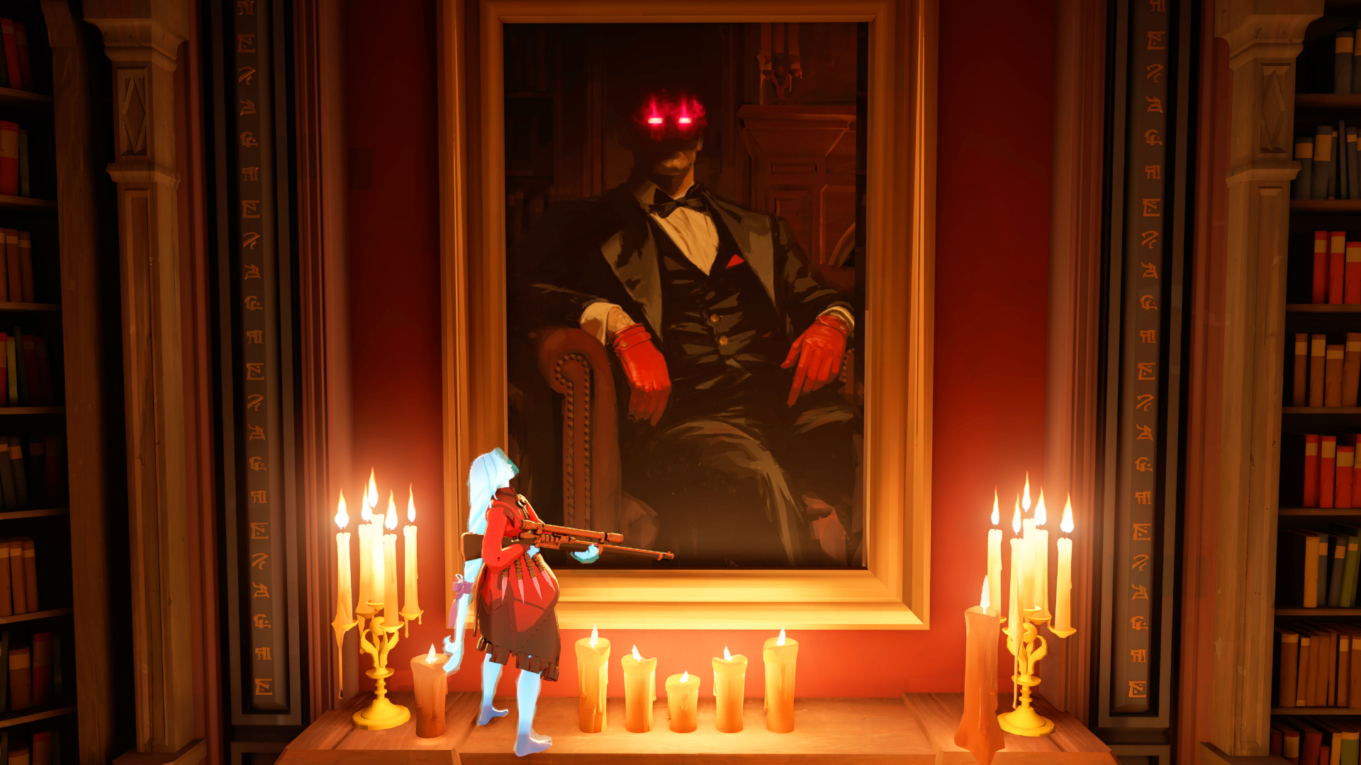 A screenshot of a portrait painting in Deadlock. A man resting in a chair with red gloves has two glowing red eyes.
