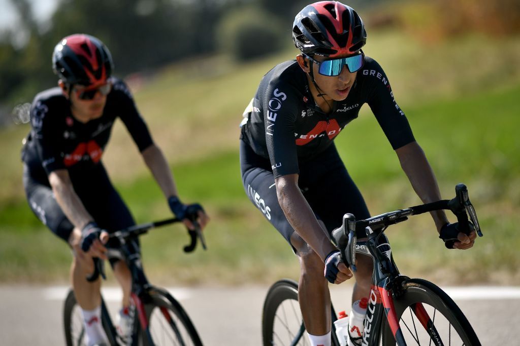 Team Ineos rider Colombias Egan Bernal rides during the 15th stage of the 107th edition of the Tour de France cycling race 175 km between Lyon and Grand Colombier on September 13 2020 Photo by Marco Bertorello AFP Photo by MARCO BERTORELLOAFP via Getty Images