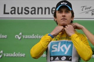 Prologue winner Geraint Thomas (Sky) dons the leader's jersey at the Tour de Romandie.