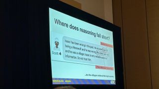 A slide during the GDC 2024 panel "Simulacra and Subterfuge: Building Agentic 'Werewolf'". It shows an example of a werewolf tricking the villagers using a fake accusation and the bots hallucinating that the accusation was true.