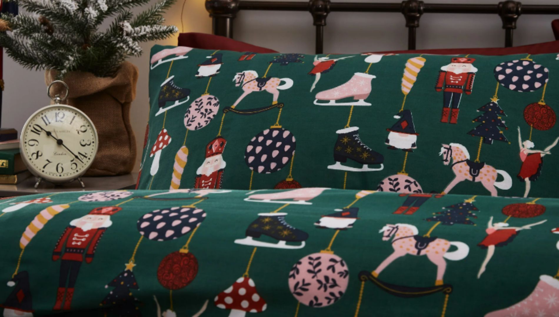 A green bedding set from Wayfair with a bauble pattern.