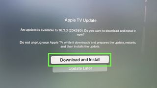 The tvOS update window screen for tvOS 16.3.3 with with Download and Install option highlighted by a green rectangle
