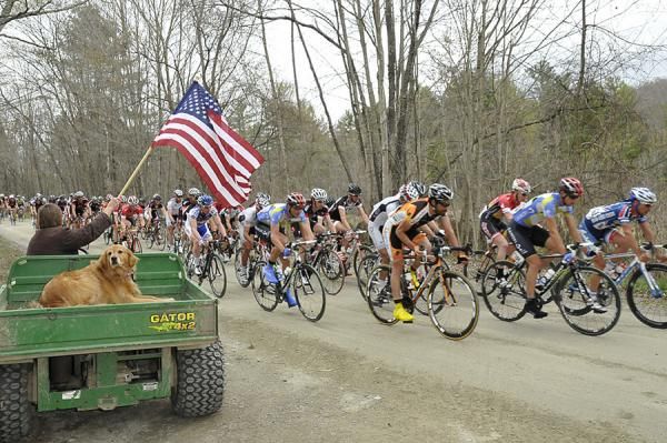 The Stars and Stripes smile proudly on the peloton on Juniper Swamp Road