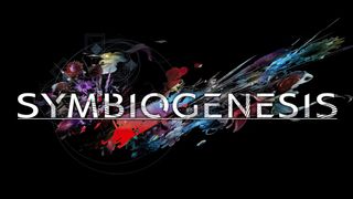 Symbiogenesis; a logo for a game with a painterly splash of colour behind it