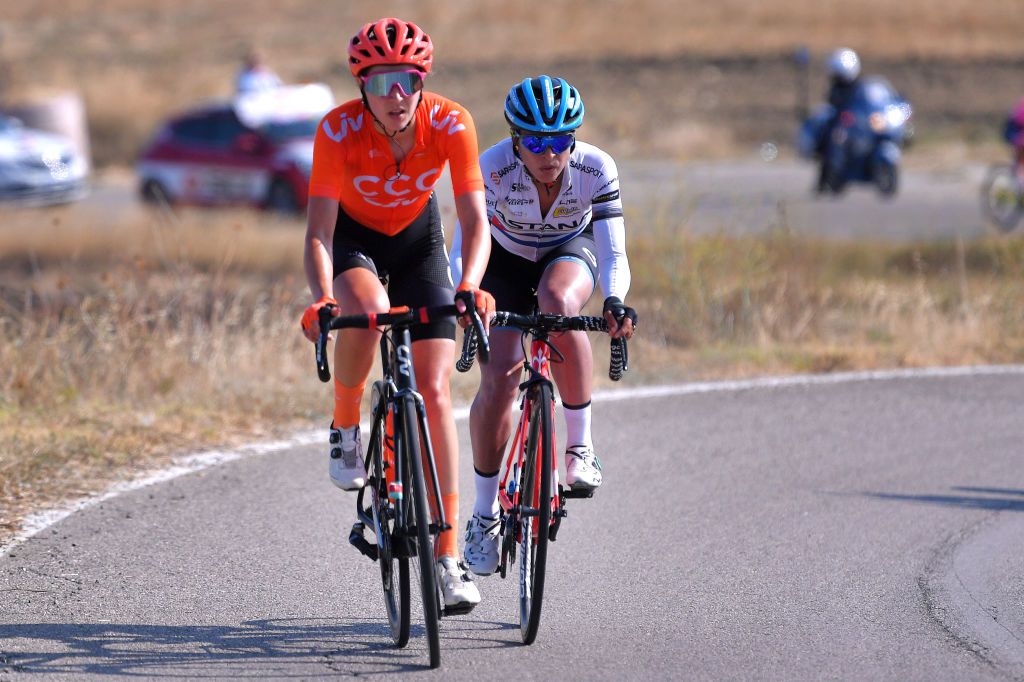 MOTTAMONTECORVINO ITALY SEPTEMBER 19 Sabrina Stultiens of The Netherlands and Team CCC Liv Arlenis Sierra Canadilla of Cuba and Astana Womens Team during the 31st Giro dItalia Internazionale Femminile 2020 Stage 9 a 1099km stage from Motta Montecorvino to Motta Montecorvino 645m GiroRosaIccrea GiroRosa on September 19 2020 in Motta Montecorvino Italy Photo by Luc ClaessenGetty Images