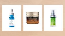 Collage of three of the best eye creams for wrinkles featured in this guide from (left to right) La Roche-Posay, Estee Lauder and Murad, set against a warm beige watercolour-style background