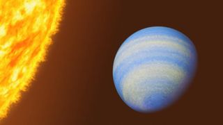 Artist's interpretation of a blue gas giant exoplanet very close to a sun-like star