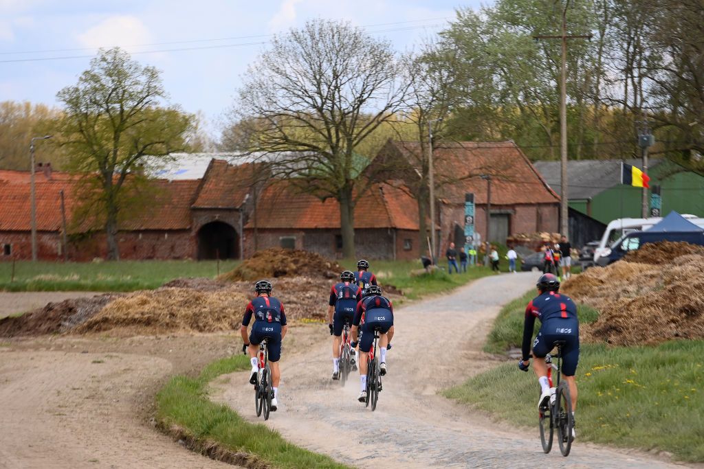 ROUBAIX FRANCE APRIL 14 Cameron Wurf of Australia Dylan Van Baarle of Netherlands Magnus Sheffield of United States Ben Turner of United Kingdom Luke Rowe of United Kingdom and Michal Kwiatkowski of Poland and Team INEOS Grenadiers during the 119th ParisRoubaix 2022 Training ParisRoubaix WorldTour on April 14 2022 in Roubaix France Photo by Tim de WaeleGetty Images