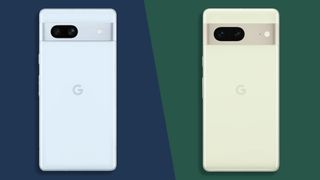 Press image of the back of the Google Pixel 7a in blue and the Pixel 7 in Lemongrass on a split-color background