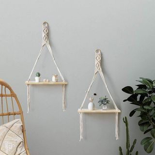 Hanging Shelf Floating Shelves Wall Decor set of 2 W/ Hooks Reclaimed Wood  Shelving Macrame Rope Swing Triangle Bathroom Storage Farmhouse 