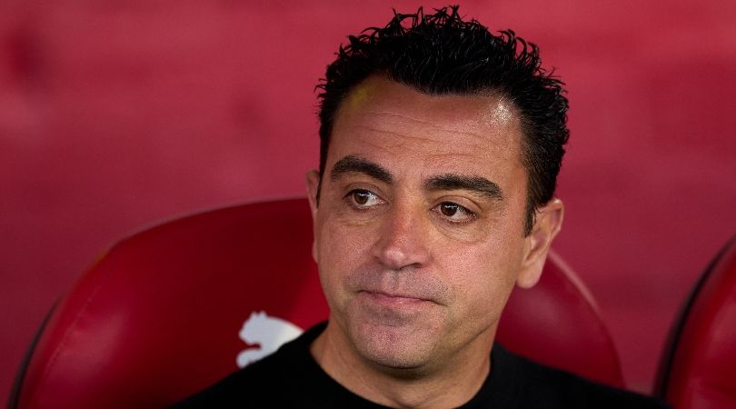 Barcelona coach Xavi looks on during his side&#039;s LaLiga game at Girona in May 2024.