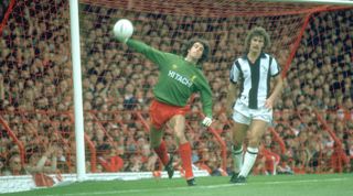 1980: Liverpool Goalkeeper Ray Clemence throws upfield during a match against West Bromwich Albion at Anfield in Liverpool, England \ Mandatory Credit: Allsport UK /Allsport